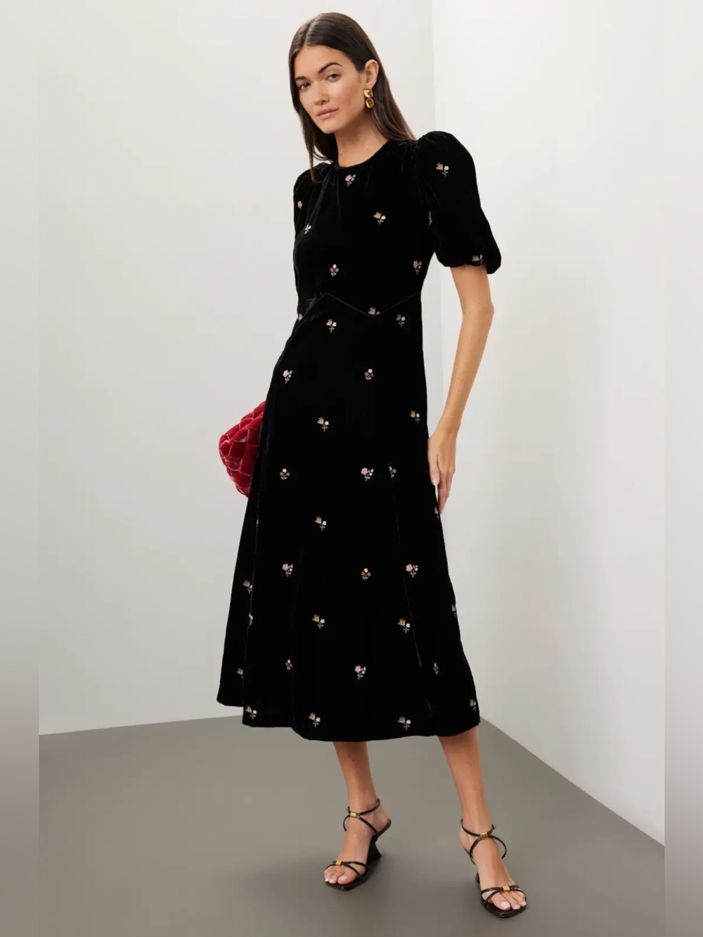 Sea New York Black Alice Floral Embroidered Velvet Midi Dress Size 14